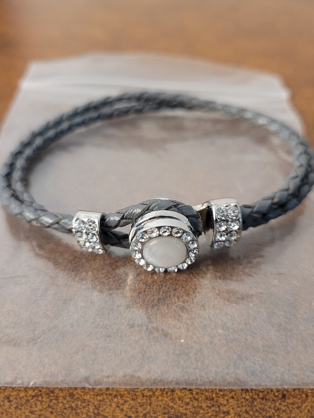 Braided Gray Double-Wrap Bracelet with Crystal Charm